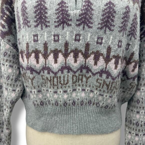 NEW Sugar Moon Quarter Zip Sweater gray Purple Winter Print Small S Knit - Picture 3 of 10